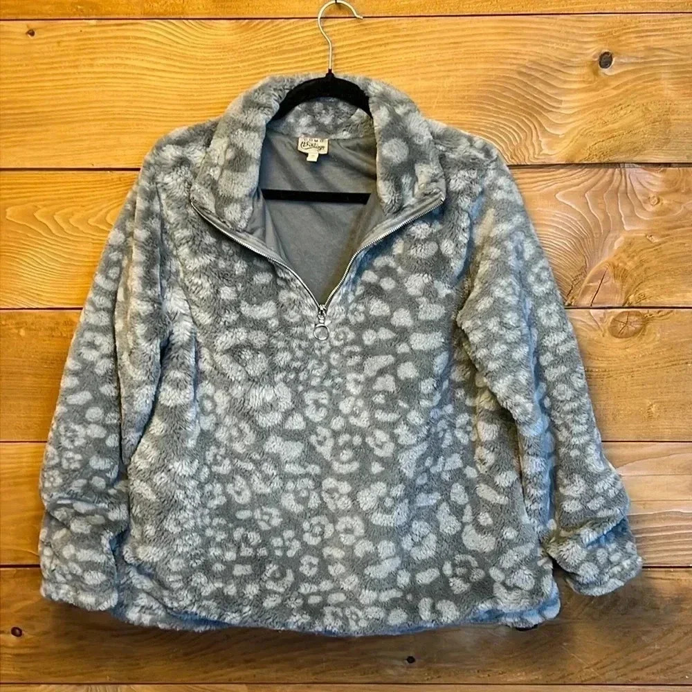 Como vintage womens 1/4 zip up soft warm Faux fur polyester animal print casual